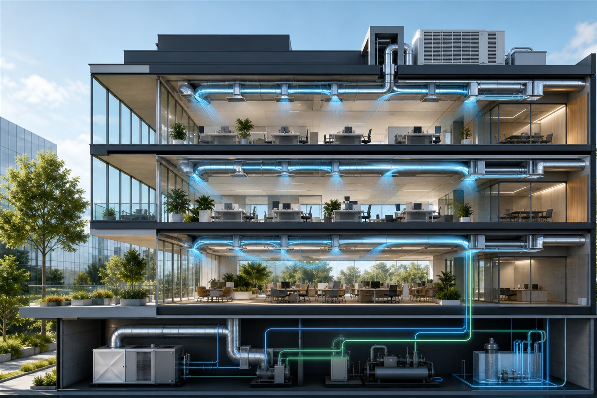 Prikaz sodobnega HVAC sistema v poslovni stavbi